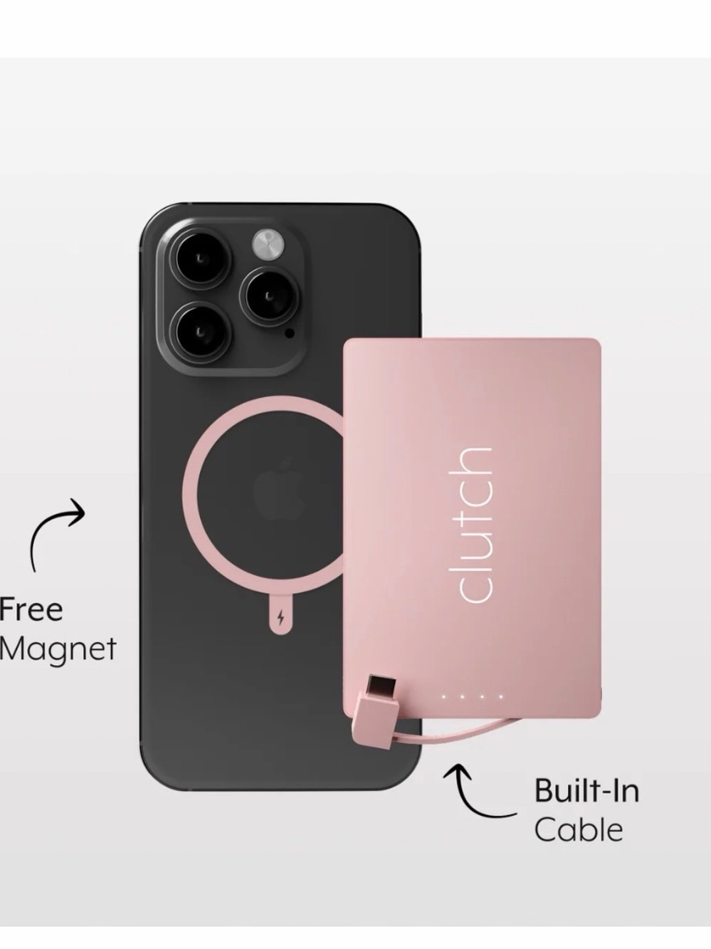 Clutch Portable Power Bank with Built-In Cable - Pink Brand New